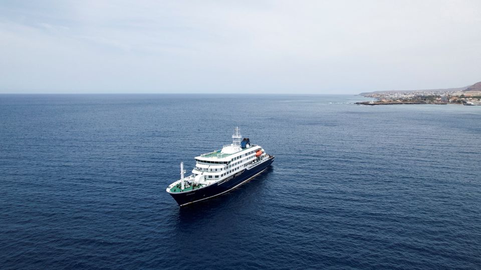 Drone view of the exploration cruise ship MV Hondius off Cape Verde. Photo: AP
